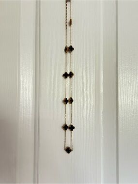 Gold Long Necklace with Black Clover Accents